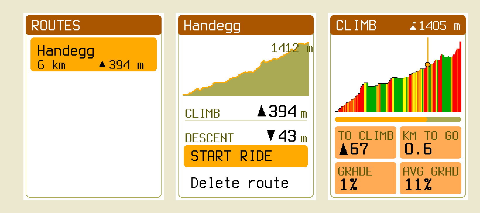 The same device-planned route in three places: the route list row, the overview with its real profile, and the Climb screen that could not open at all before