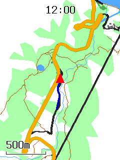 OpenBikeComputer showing an offline map of the Grimsel Pass climb, following the rider up a switchback.