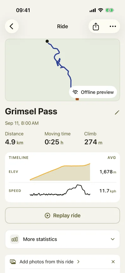 The ride detail on the phone: a map of the ride, the title and date, one stats line, the rows Add photos from this ride and How was the ride?, the elevation profile, highlights and the bike type.